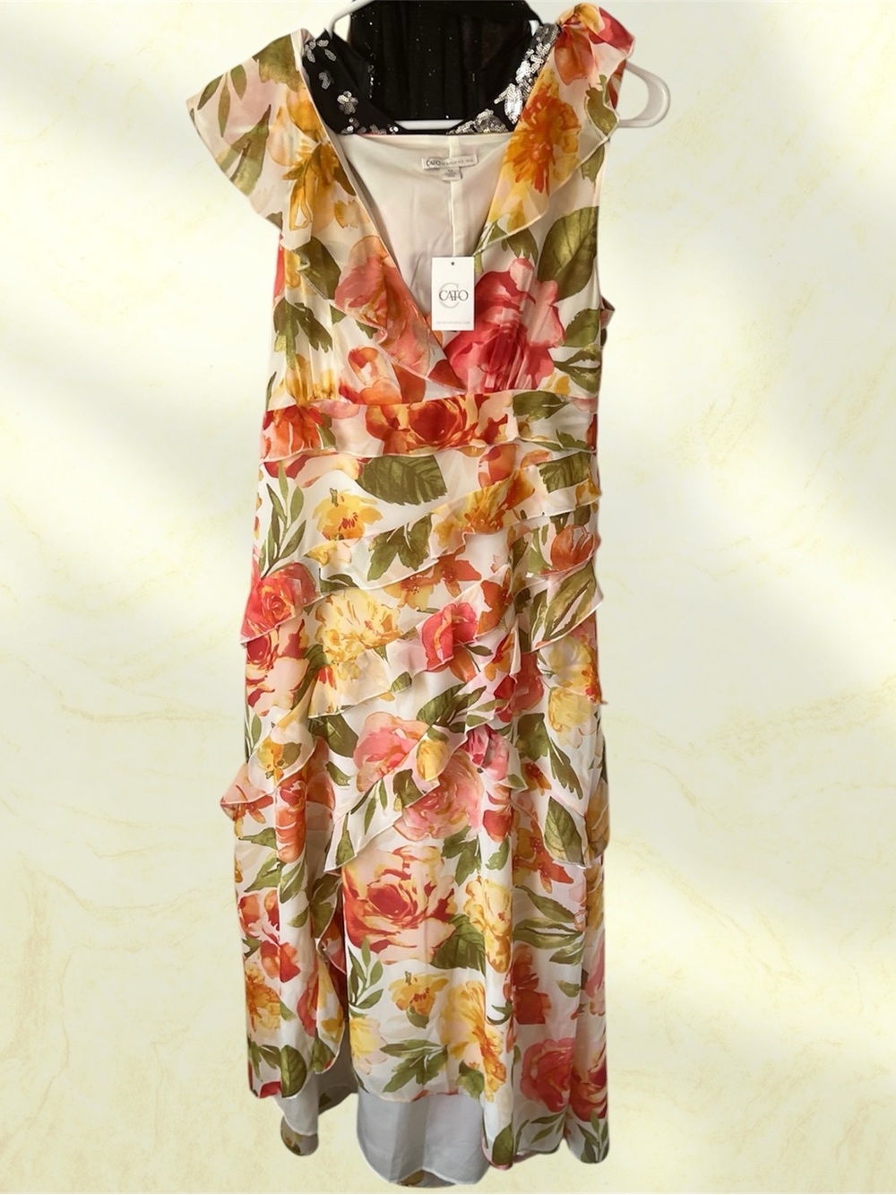 BRAND NEW W/TAGS! Cato Floral Ruffle Midi Dress in Pink, Orange, Green on Cream